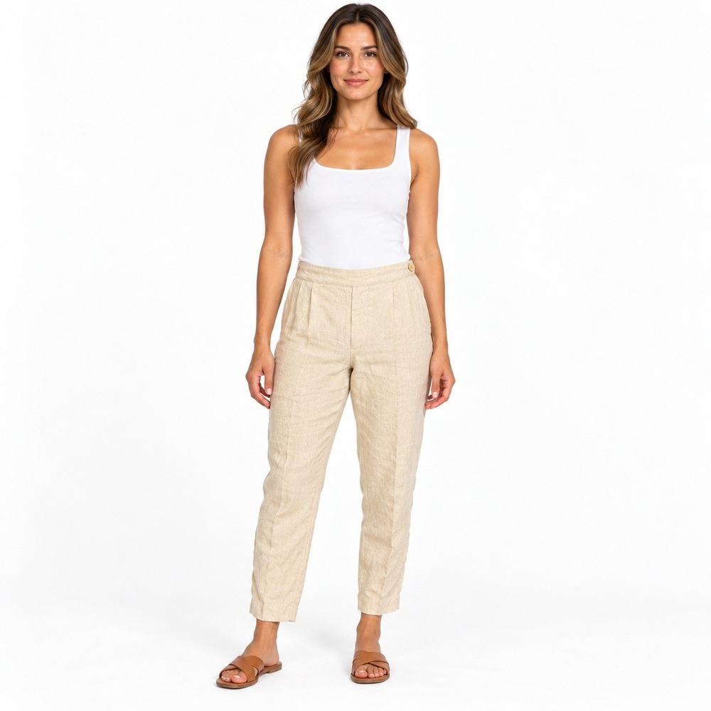 Talbots Petites Beige 100% Irish Linen Trousers Side Zip Straight Leg Size 14P
